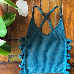 Buckle blue crop tank top cotton blend fall top